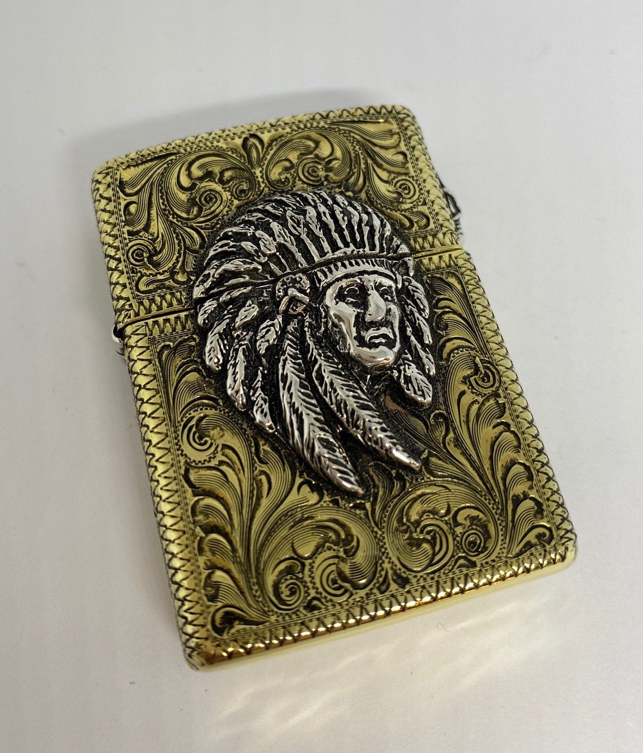 Silver-King-Zippo-Brass-Armor-Lighter-Fully-Engraved-with-Sterling-Silver-Chief-Made-in-USA