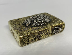 Silver-King-Zippo-Brass-Armor-Lighter-Fully-Engraved-with-Sterling-Silver-Chief-Made-in-USA