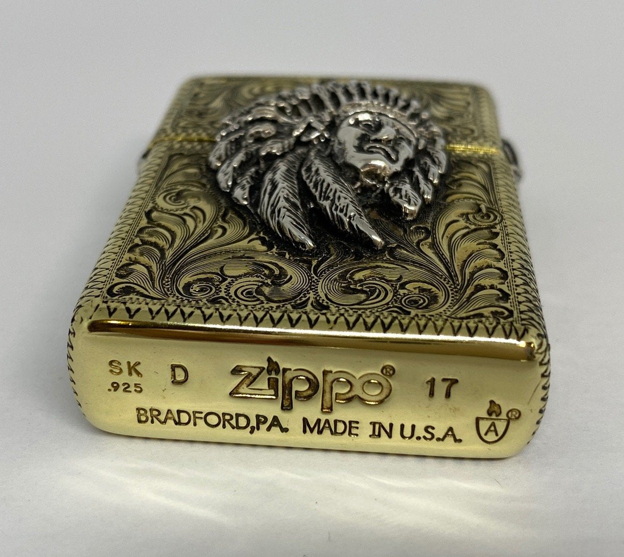 Silver-King-Zippo-Brass-Armor-Lighter-Fully-Engraved-with-Sterling-Silver-Chief-Made-in-USA