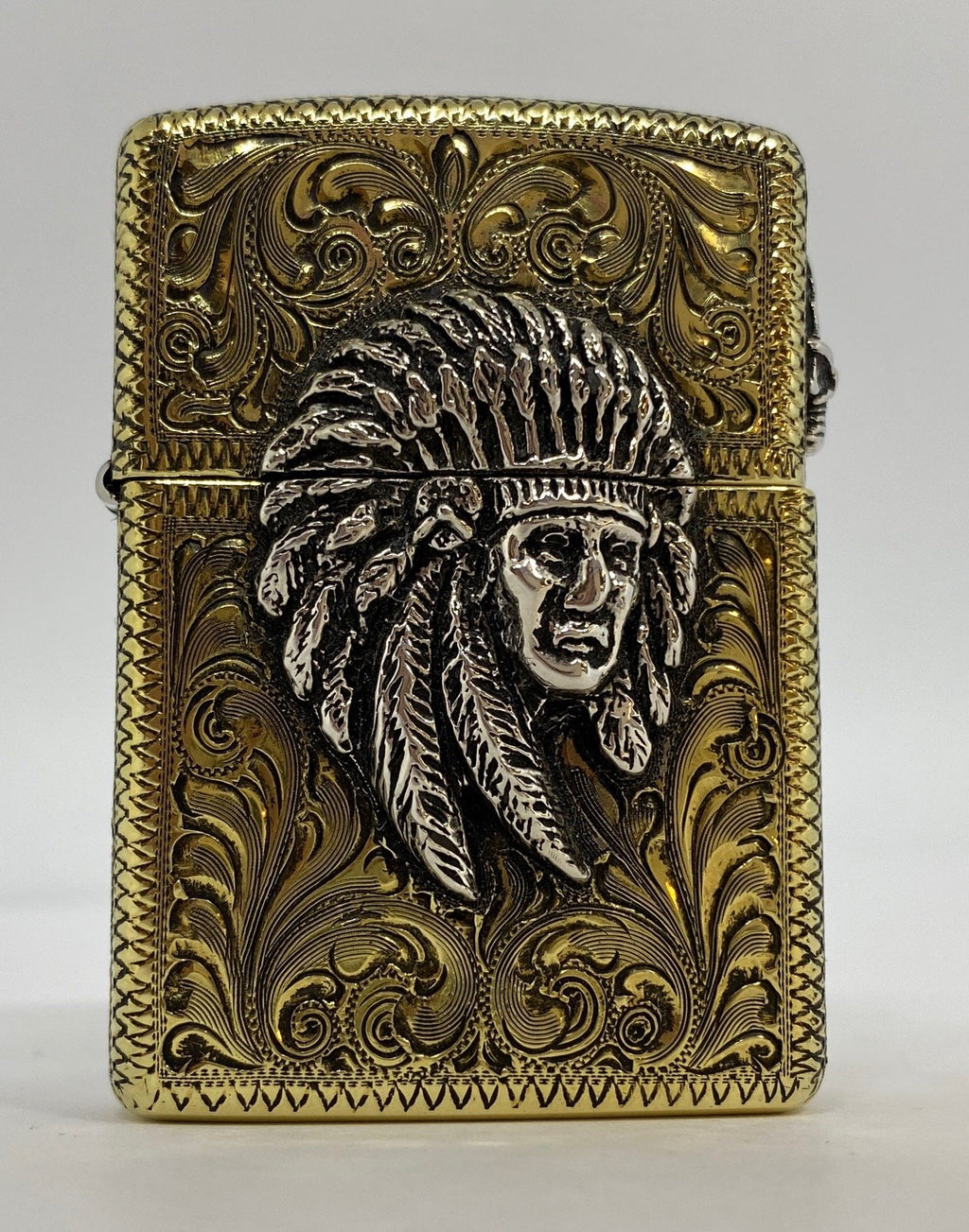 Silver-King-Zippo-Brass-Armor-Lighter-Fully-Engraved-with-Sterling-Silver-Chief-Made-in-USA