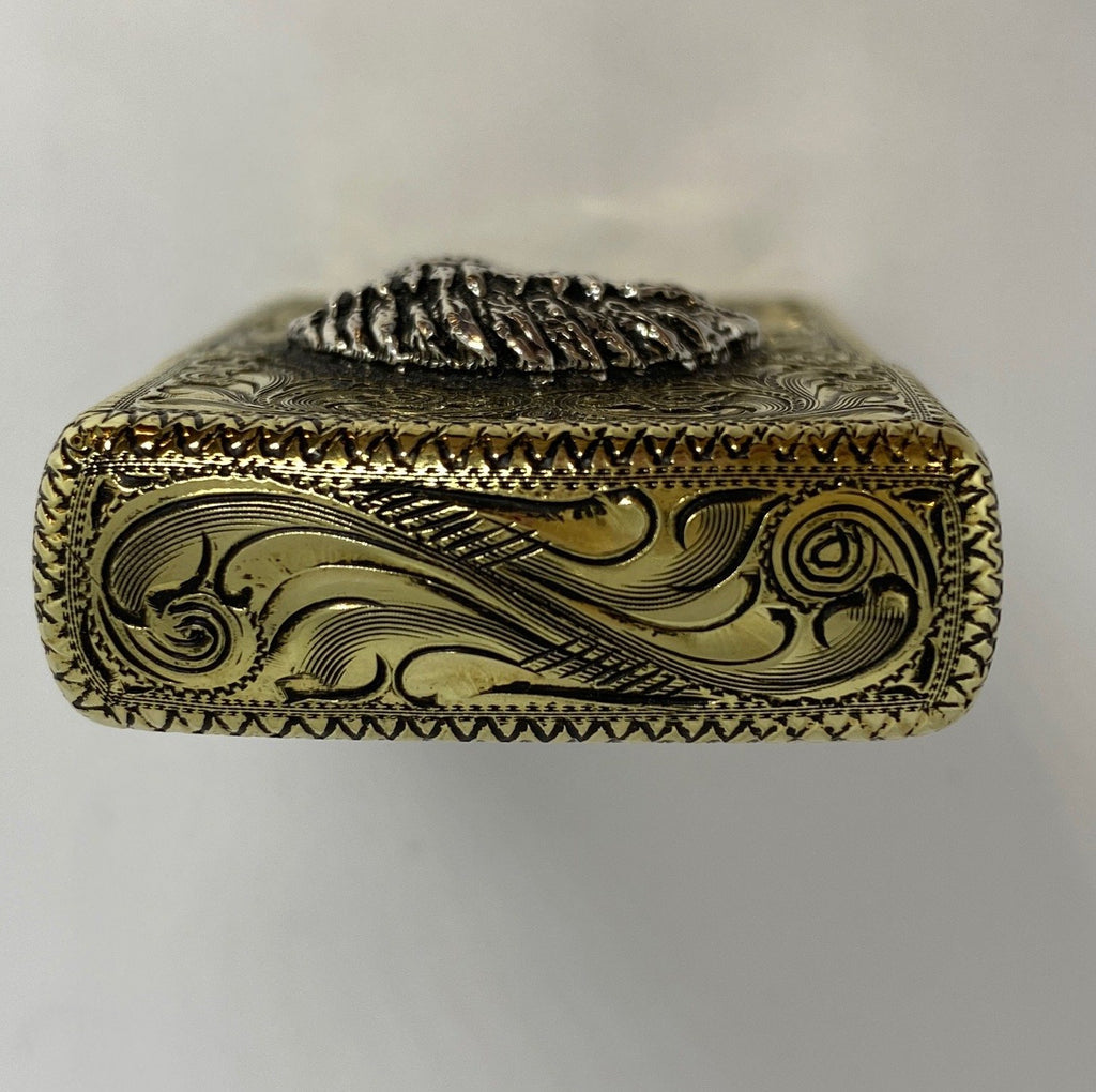 Silver-King-Zippo-Brass-Armor-Lighter-Fully-Engraved-with-Sterling-Silver-Chief-Made-in-USA