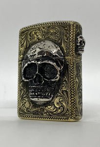 Silver-King-Zippo-Brass-Armor-Lighter-Fully-Engraved-with-Sterling-Silver-Skull-Made-in-USA