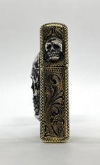 Silver-King-Zippo-Brass-Armor-Lighter-Fully-Engraved-with-Sterling-Silver-Skull-Made-in-USA