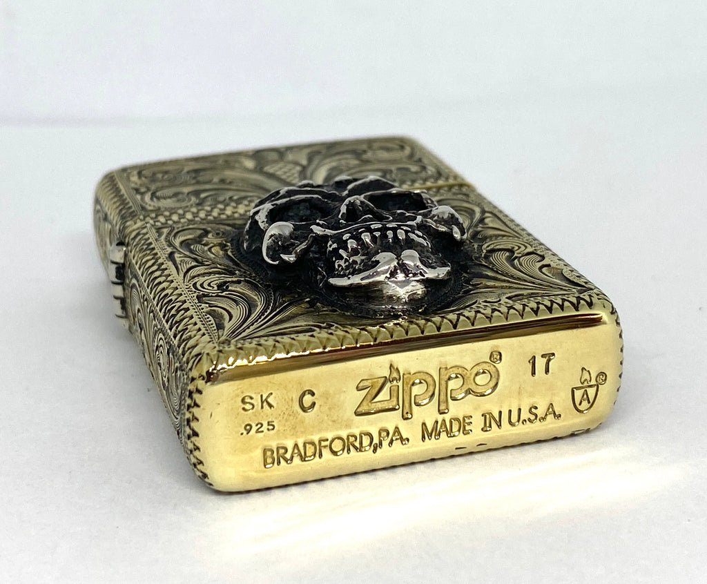 Silver-King-Zippo-Brass-Armor-Lighter-Fully-Engraved-with-Sterling-Silver-Sugar-Skull-Made-in-USA