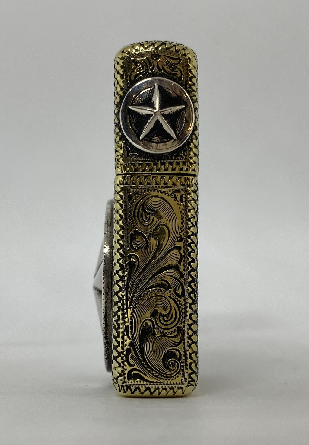 Silver-King-Zippo-Brass-Armor-Lighter-Fully-Engraved-with-Sterling-Silver-Texas-Ranger-Star-Made-in-USA