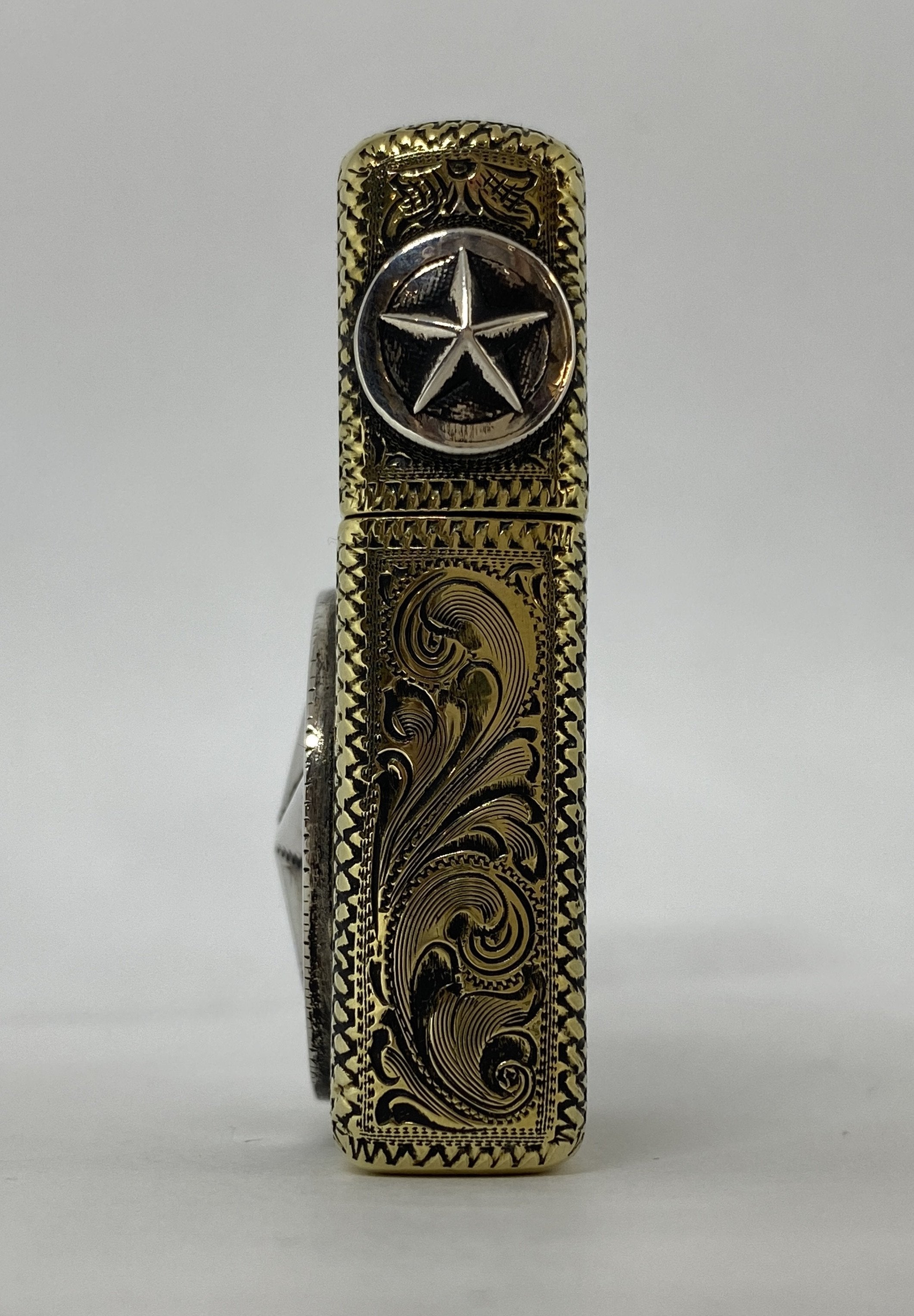 Silver-King-Zippo-Brass-Armor-Lighter-Fully-Engraved-with-Sterling-Silver-Texas-Ranger-Star-Made-in-USA