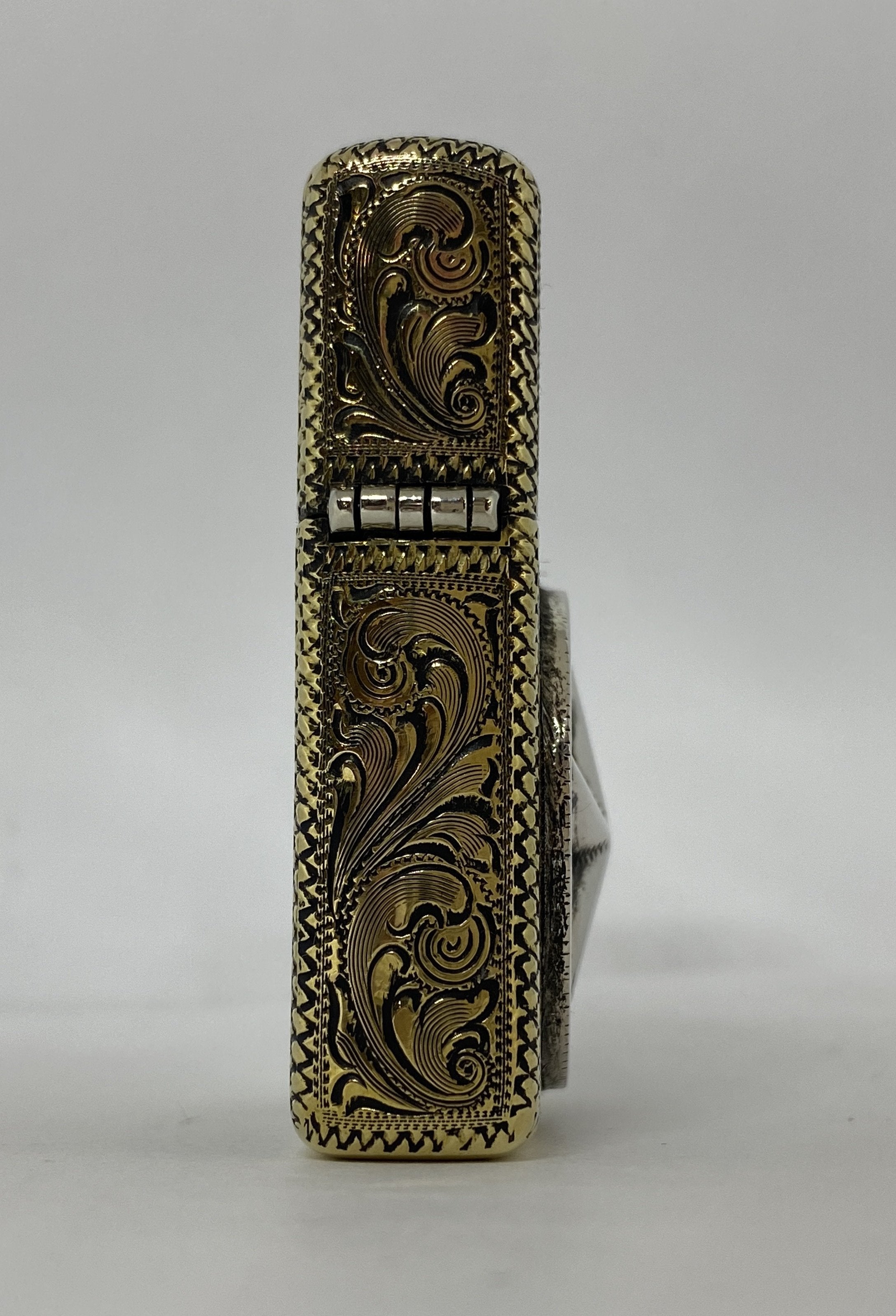 Silver-King-Zippo-Brass-Armor-Lighter-Fully-Engraved-with-Sterling-Silver-Texas-Ranger-Star-Made-in-USA