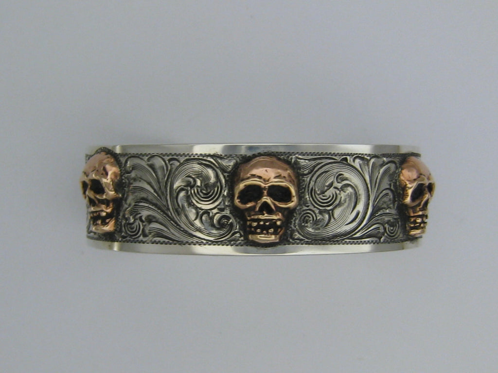 Cuff, Sterling Silver with Copper Skulls, Hand Engraved CB-08