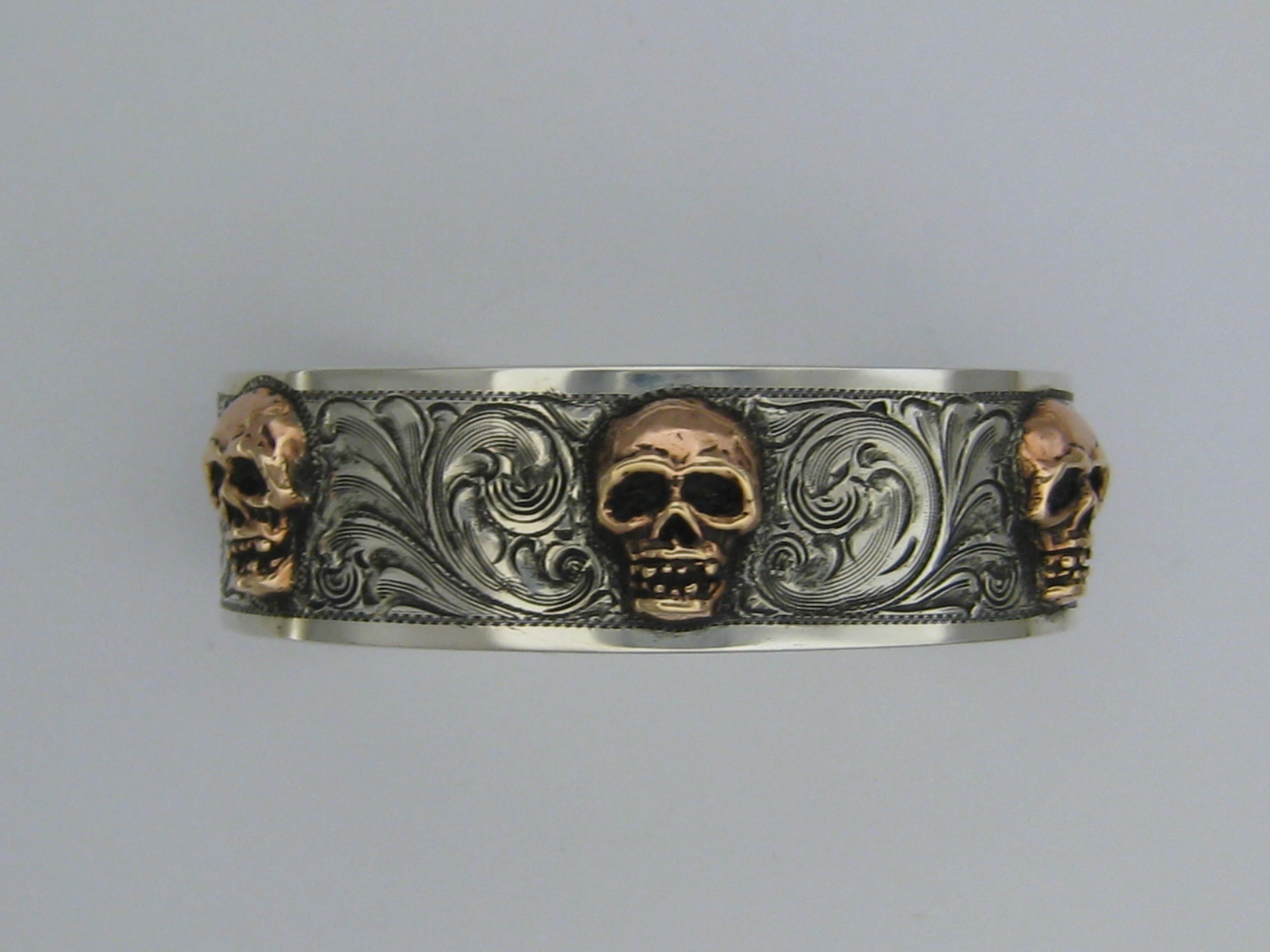 Cuff, Sterling Silver with Copper Skulls, Hand Engraved CB-08