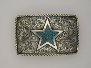 Buckle,Turquoise Star in Hand Engraved Sterling Silver TB-I23