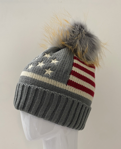 Hat, American Flag Stars and Stripes with Genuine Fur Pom Pom, HA-52