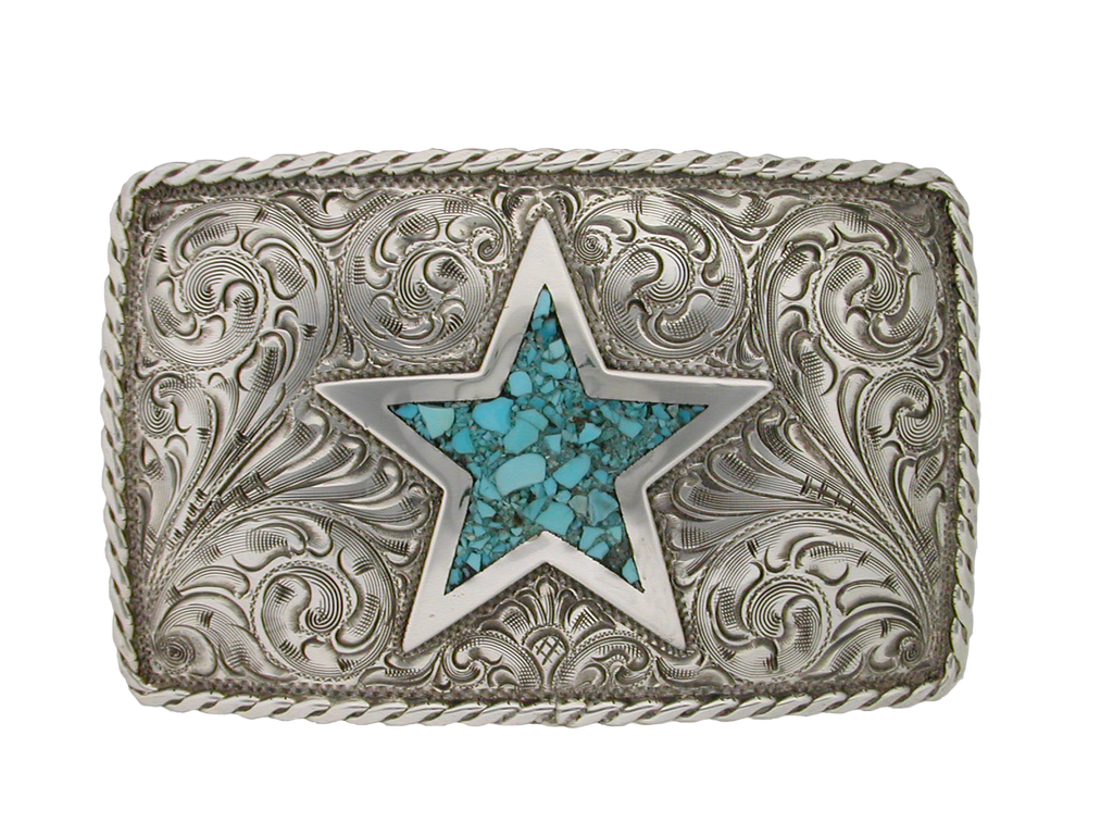 Buckle,Turquoise Star in Hand Engraved Sterling Silver TB-I23