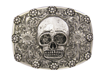 Buckle, Skull in Hand Engraved Sterling Silver TB-X01