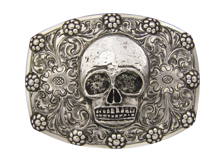 Buckle, Skull in Hand Engraved Sterling Silver TB-X01
