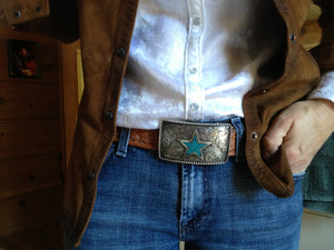 Buckle,Turquoise Star in Hand Engraved Sterling Silver TB-I23