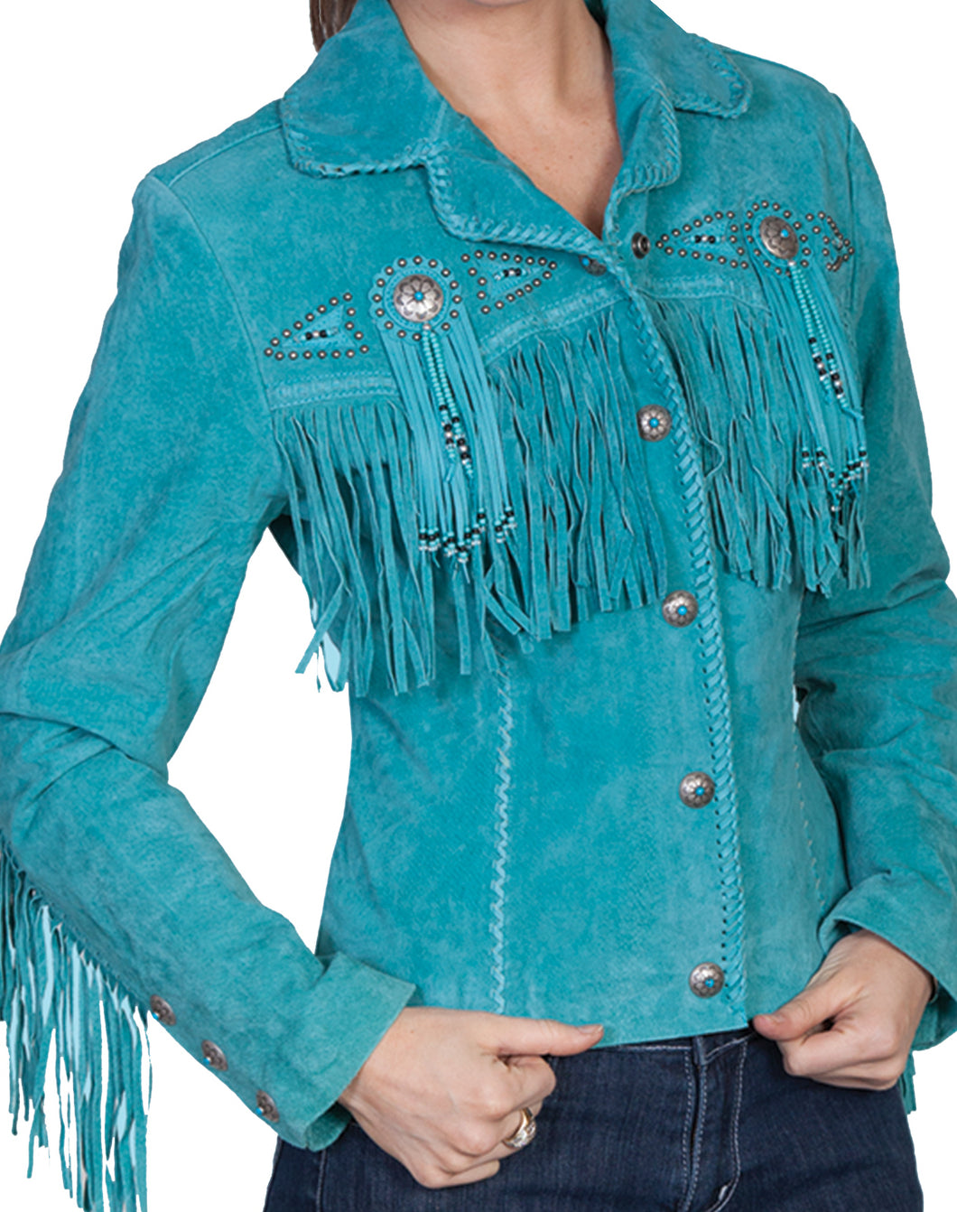 Woman-Wearing-Suede-Leather-Jacket-with-Conchos-and-Fringe-by-Scully-L152