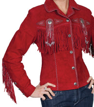 Woman-Wearing-Suede-Leather-Jacket-with-Conchos-and-Fringe-by-Scully-L152