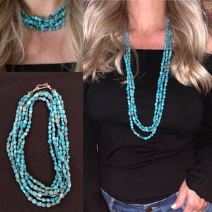 Woman-Wearing-Three-Strand-Turquoise-Necklace-by-Paige-Wallace-Designs