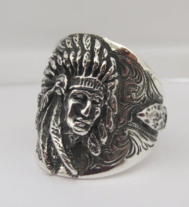 Ring, Indian Chief with Arrowhead Accents, Hand Crafted Sterling Silver RF-35